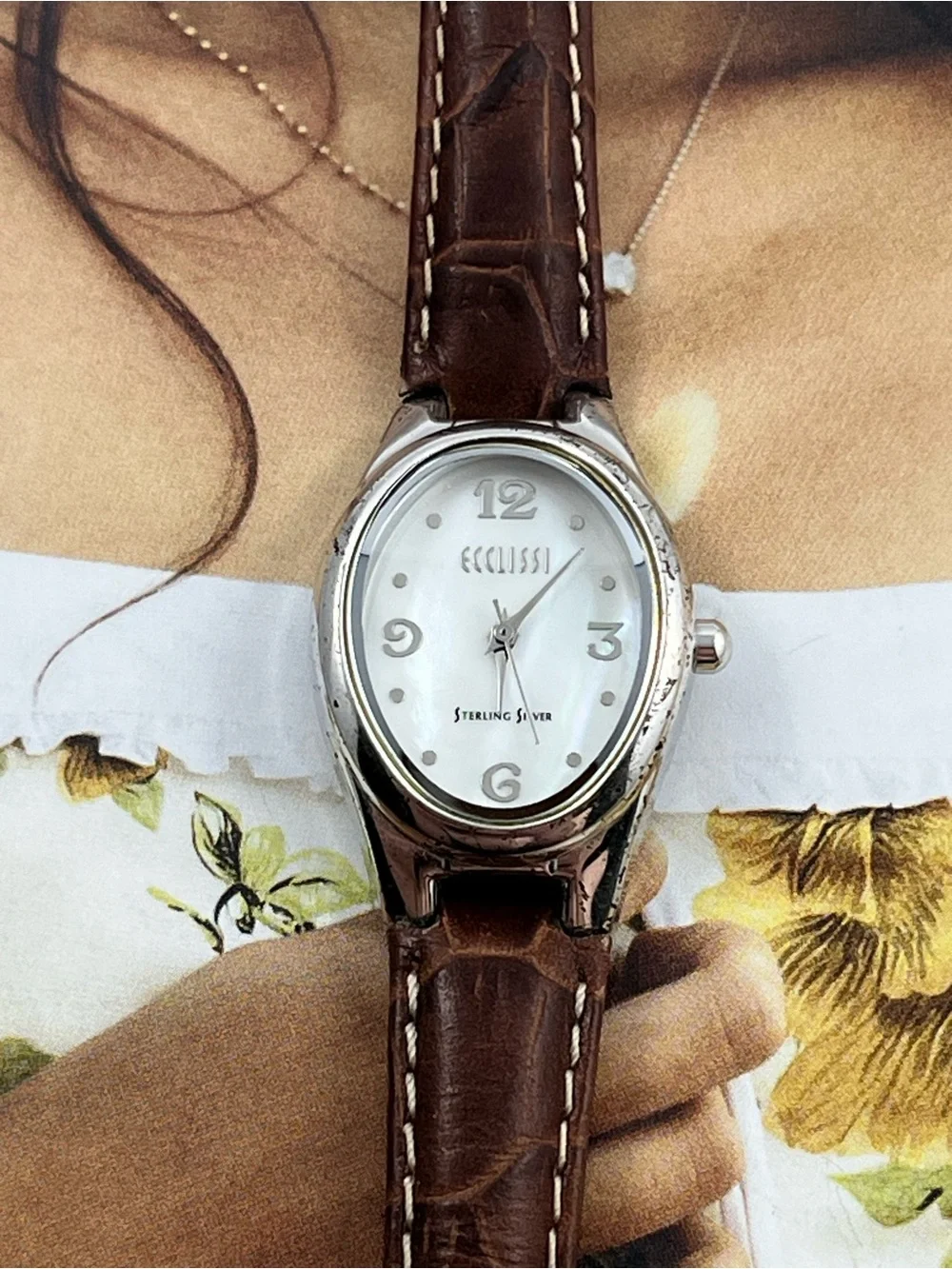 925 Sterling Silver Watch Case Space Age Analog Wrist Watch Mother of Pearl